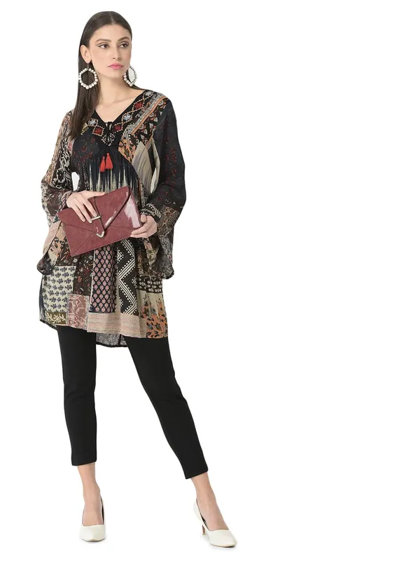 Black_Floral_with_Abstract_Print_Tunic_Fit_And_Flare_Casual_Top_For_Women_|_Embroidery_V_Neck