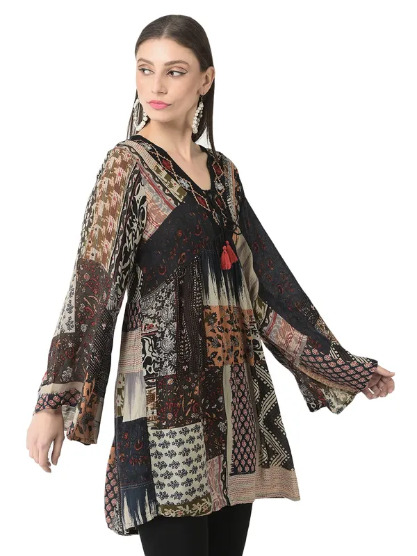 Black_Floral_with_Abstract_Print_Tunic_Fit_And_Flare_Casual_Top_For_Women_|_Embroidery_V_Neck