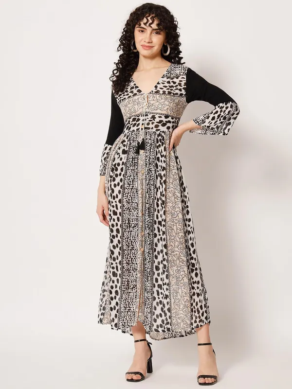 Black&White_Women_Long_Dress_Floral_Beachwear_Summer_Dress_Knee_Length_Regular_Wear