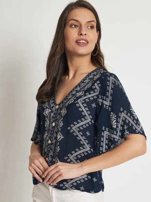 Blue_Floral_Embroidered_Short_V_Neck_Half_Sleeve_Top_For_Women