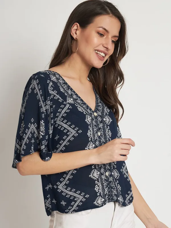 Blue_Floral_Embroidered_Short_V_Neck_Half_Sleeve_Top_For_Women