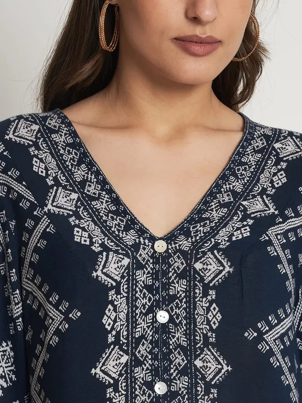 Blue_Floral_Embroidered_Short_V_Neck_Half_Sleeve_Top_For_Women