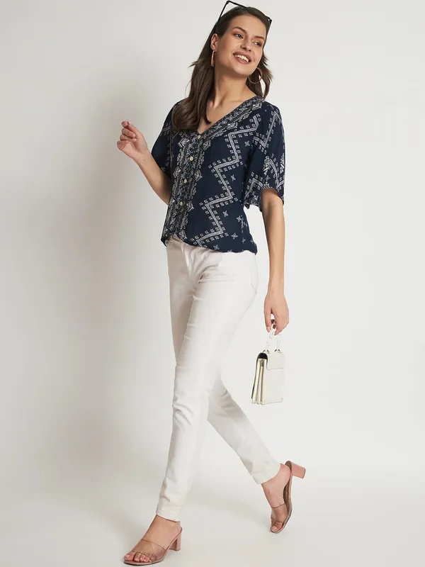 Blue_Floral_Embroidered_Short_V_Neck_Half_Sleeve_Top_For_Women