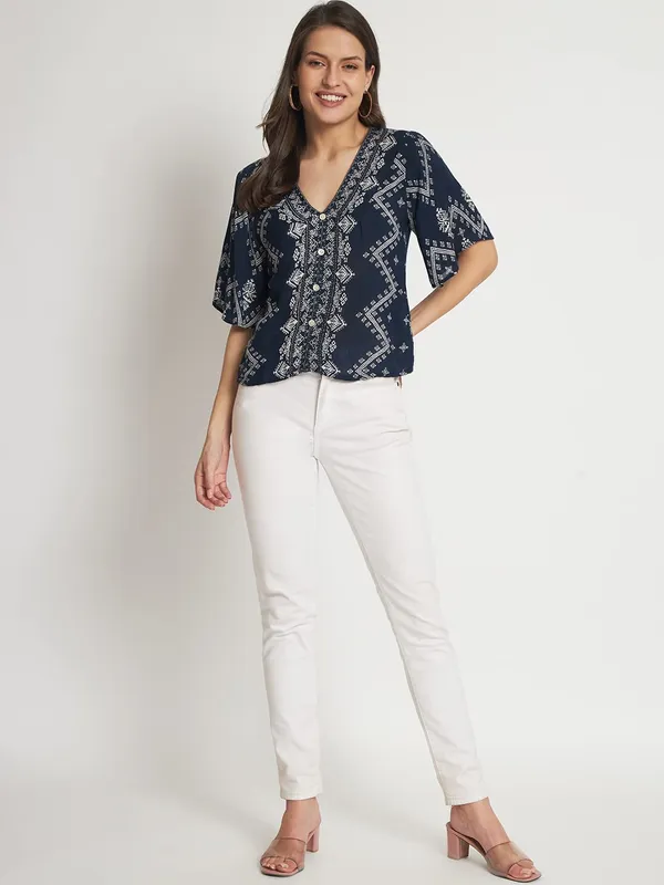 Blue_Floral_Embroidered_Short_V_Neck_Half_Sleeve_Top_For_Women
