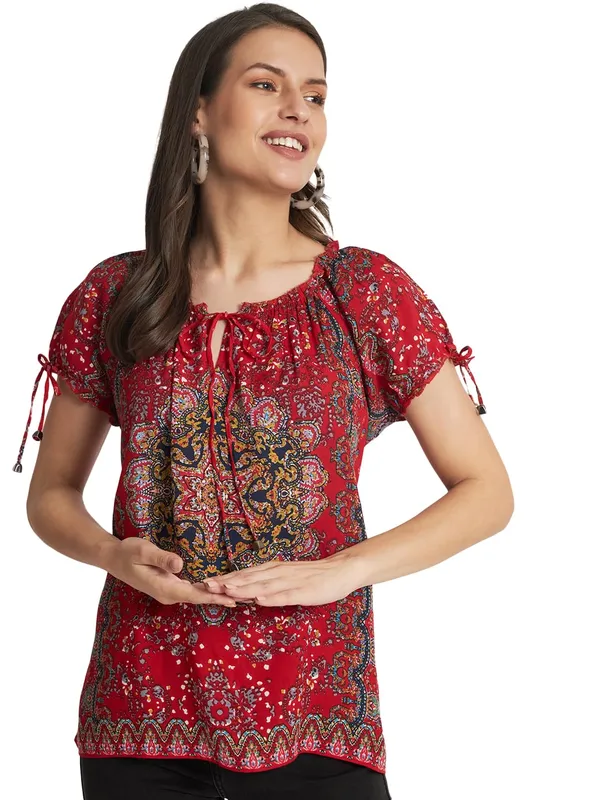 Red_Floral_Boho_Printed_Short_Kurta_Summer_Fit_And_Flare_Casual_Stylish_Top_For_Women