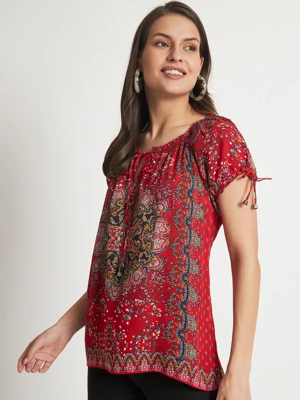 Red_Floral_Boho_Printed_Short_Kurta_Summer_Fit_And_Flare_Casual_Stylish_Top_For_Women