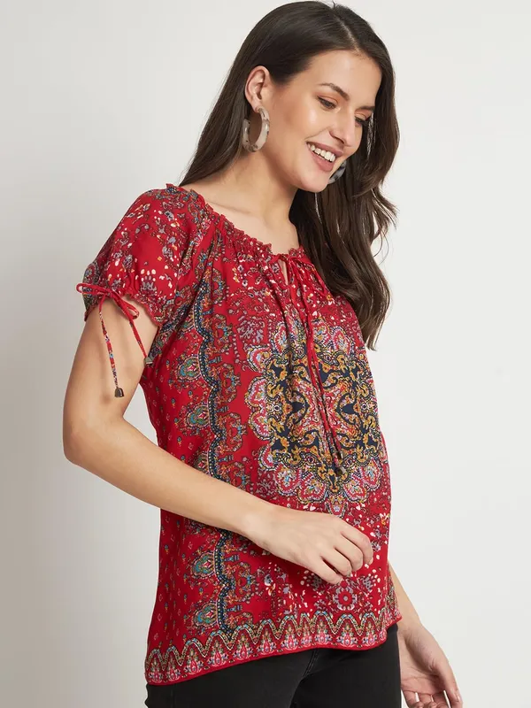 Red_Floral_Boho_Printed_Short_Kurta_Summer_Fit_And_Flare_Casual_Stylish_Top_For_Women