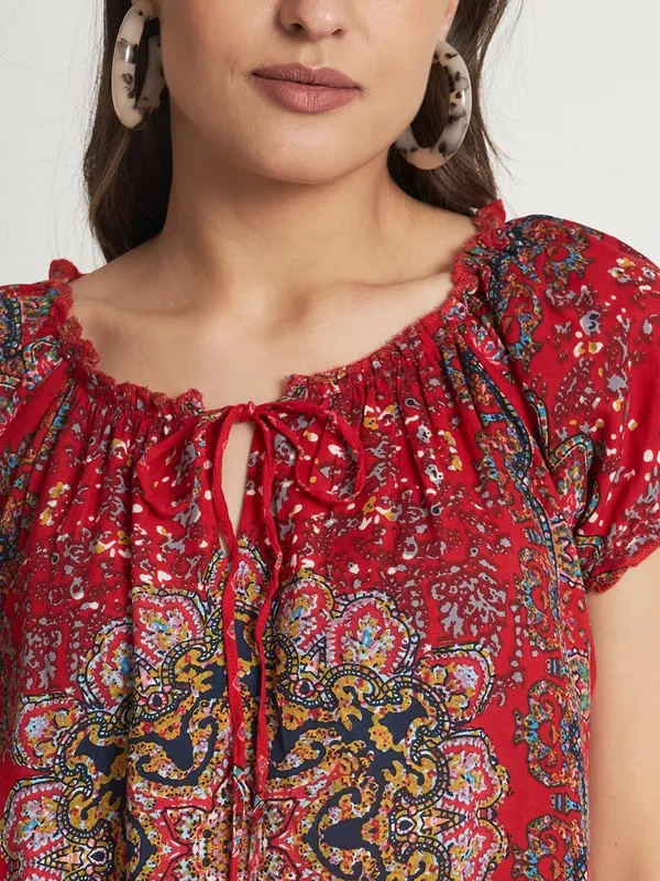 Red_Floral_Boho_Printed_Short_Kurta_Summer_Fit_And_Flare_Casual_Stylish_Top_For_Women
