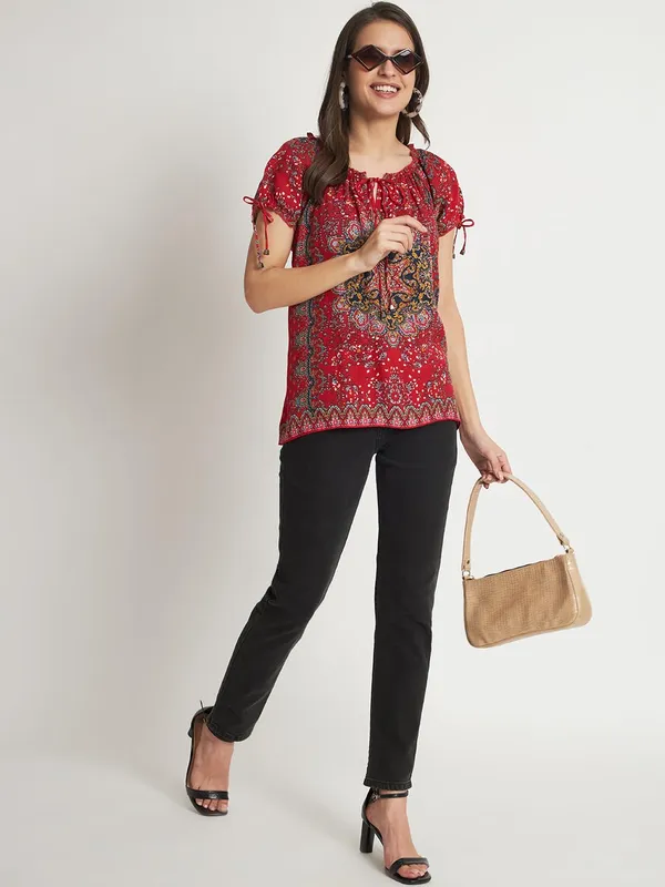 Red_Floral_Boho_Printed_Short_Kurta_Summer_Fit_And_Flare_Casual_Stylish_Top_For_Women