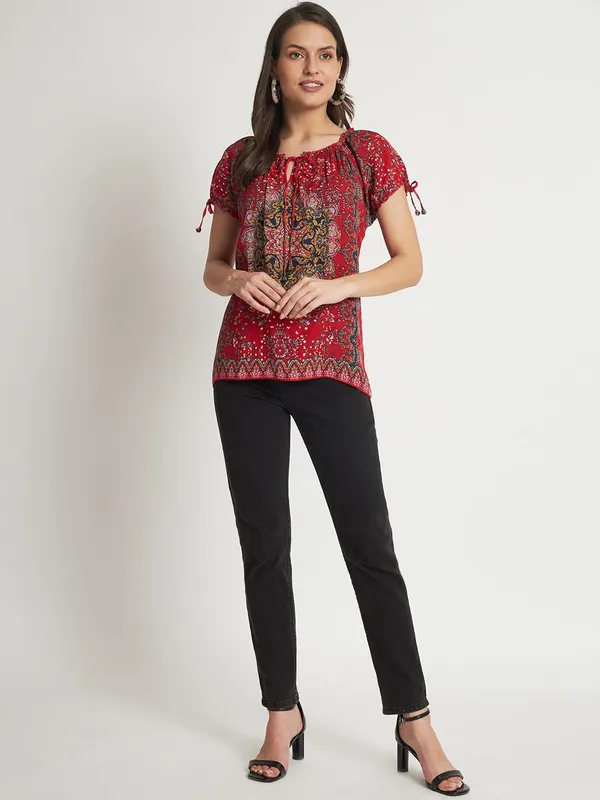 Red_Floral_Boho_Printed_Short_Kurta_Summer_Fit_And_Flare_Casual_Stylish_Top_For_Women