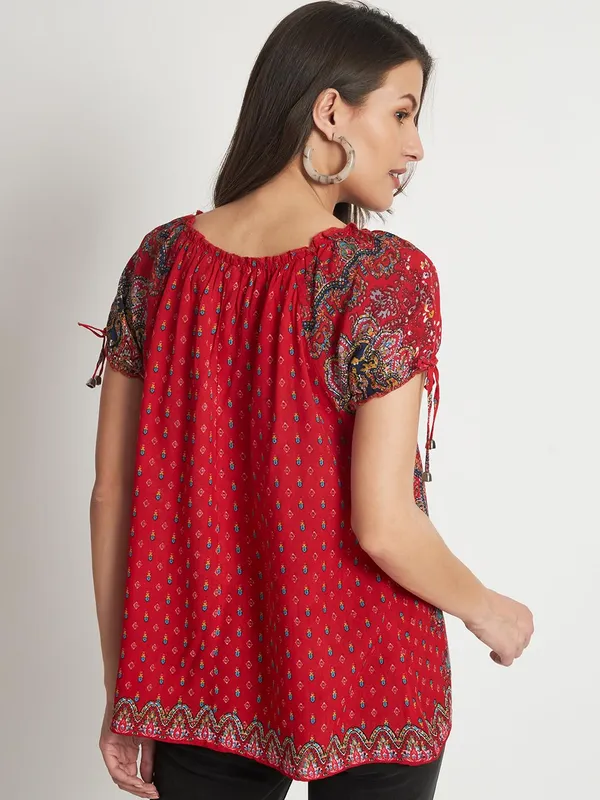 Red_Floral_Boho_Printed_Short_Kurta_Summer_Fit_And_Flare_Casual_Stylish_Top_For_Women