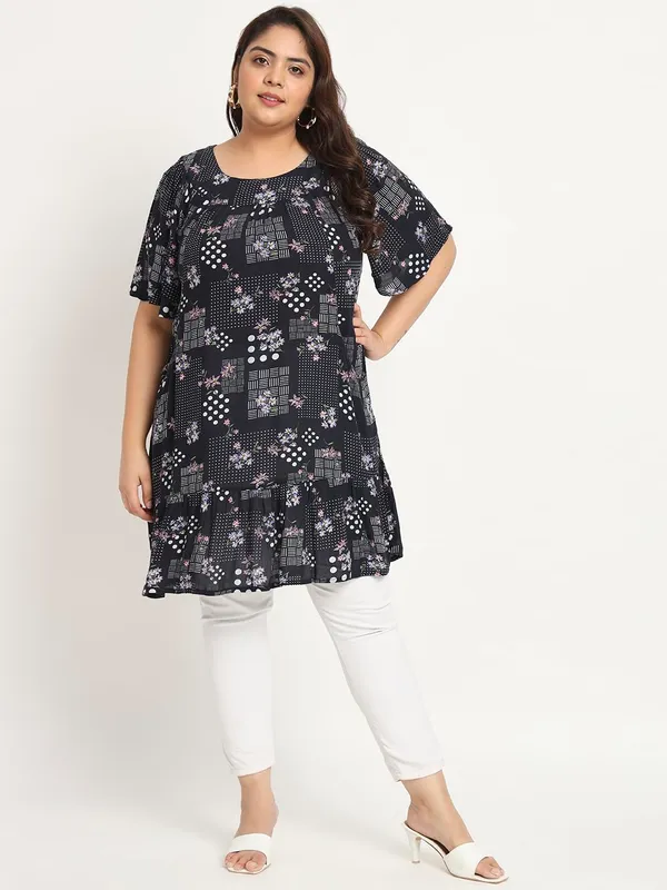 Plus Size Blue Colored Floral & Dots Printed Knee Length With Half Sleeve Stylish Short Dress For Women