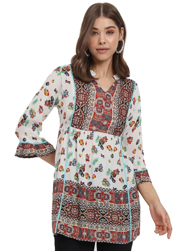 Beige_Floral_Printed_Casual_Stylish_Longline_Top_For_Women_Short_Kurta