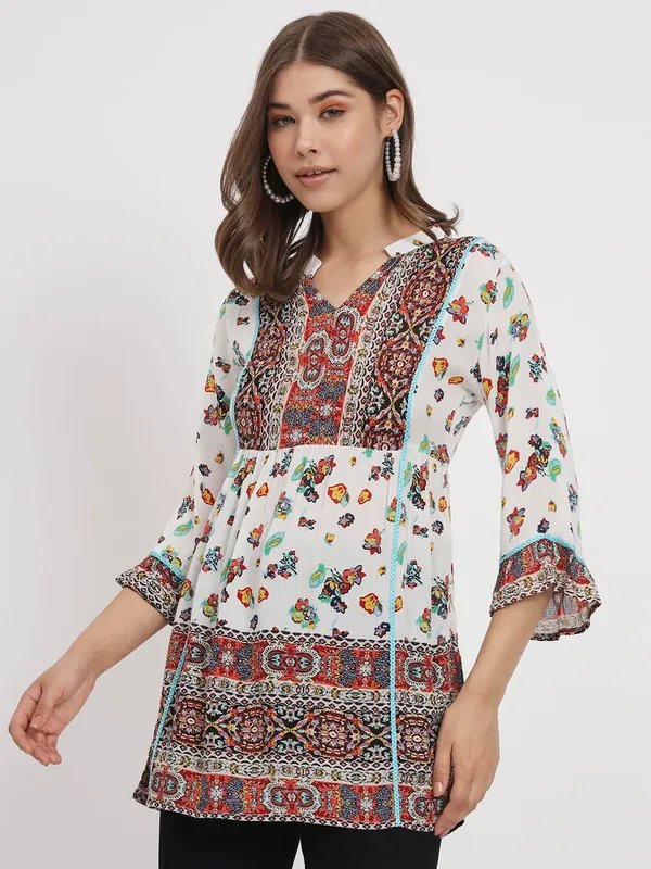 Beige_Floral_Printed_Casual_Stylish_Longline_Top_For_Women_Short_Kurta