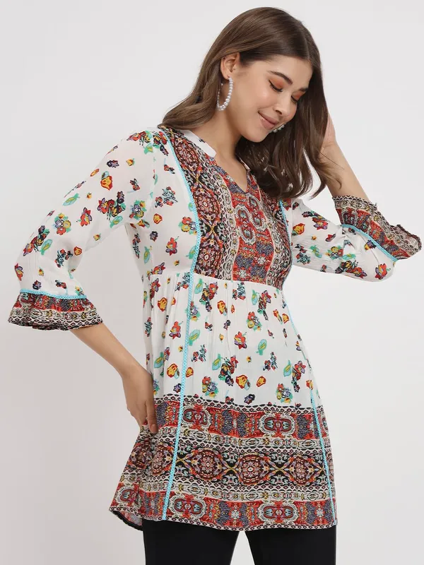 Beige_Floral_Printed_Casual_Stylish_Longline_Top_For_Women_Short_Kurta