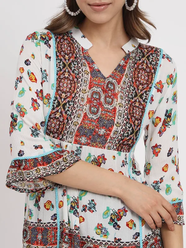 Beige_Floral_Printed_Casual_Stylish_Longline_Top_For_Women_Short_Kurta