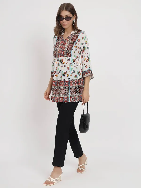 Beige_Floral_Printed_Casual_Stylish_Longline_Top_For_Women_Short_Kurta
