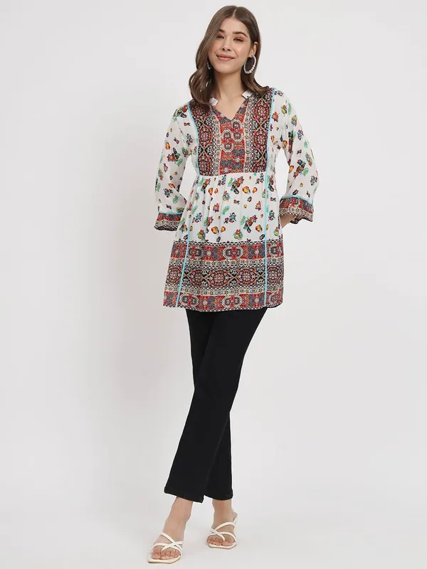 Beige_Floral_Printed_Casual_Stylish_Longline_Top_For_Women_Short_Kurta