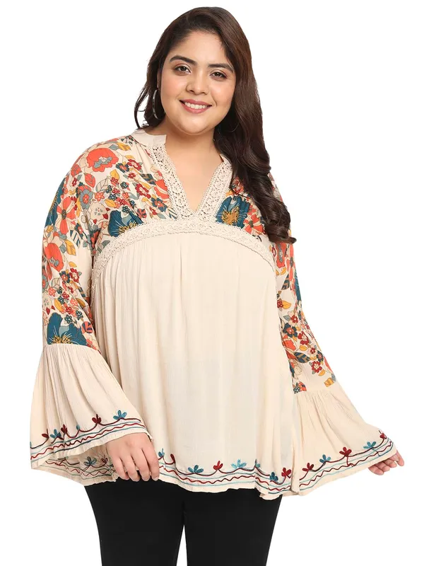Beige_Plus_Size_Stylish_Floral_Print_with_Embroidery_V_Neck_Longline_Top_For_Women_|_Tunic_Fit_And_Flare_Casual