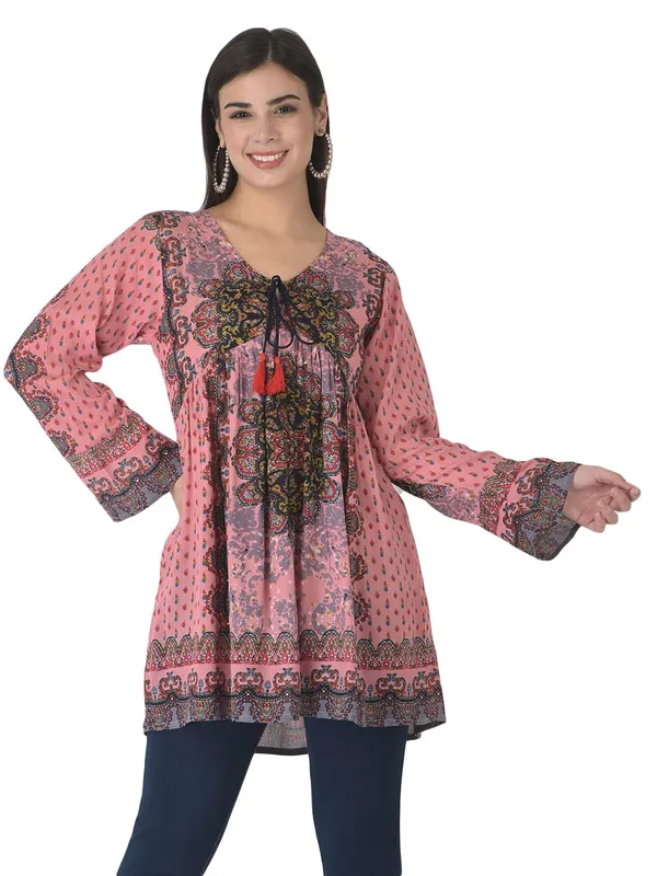 Pink_Floral_Embroidered_Multicolor_Long_Tunic_Fit_And_Flare_Casual_Stylish_Top_For_Women