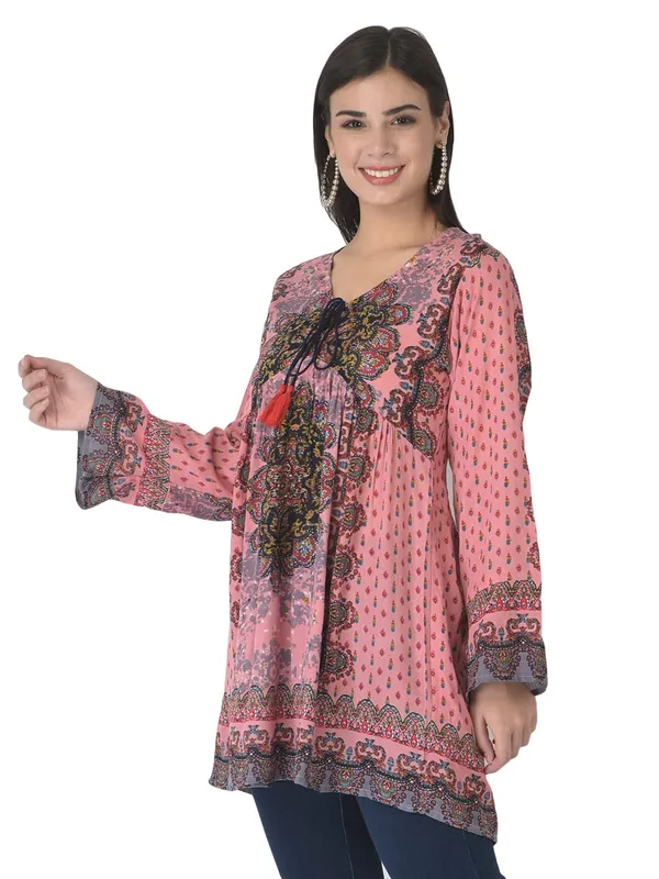 Pink_Floral_Embroidered_Multicolor_Long_Tunic_Fit_And_Flare_Casual_Stylish_Top_For_Women