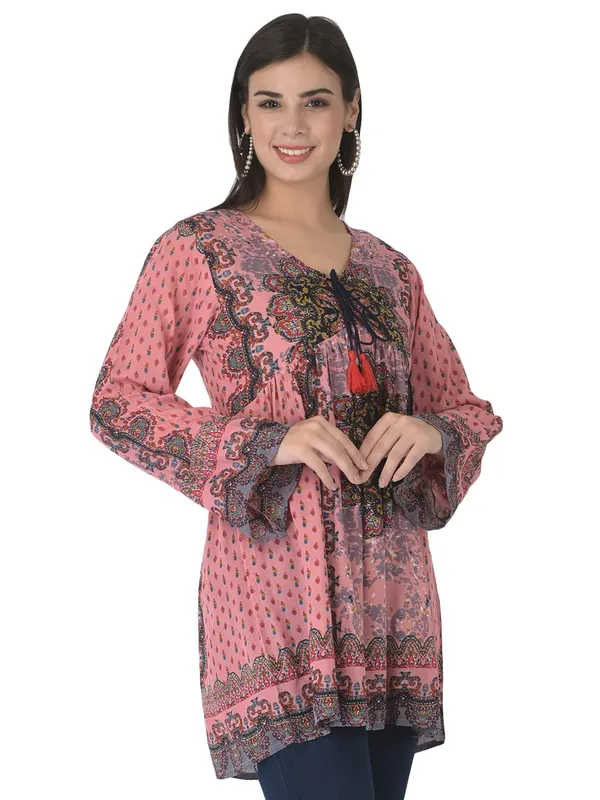 Pink_Floral_Embroidered_Multicolor_Long_Tunic_Fit_And_Flare_Casual_Stylish_Top_For_Women