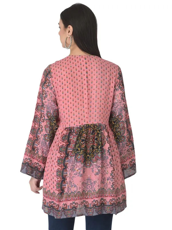 Pink_Floral_Embroidered_Multicolor_Long_Tunic_Fit_And_Flare_Casual_Stylish_Top_For_Women