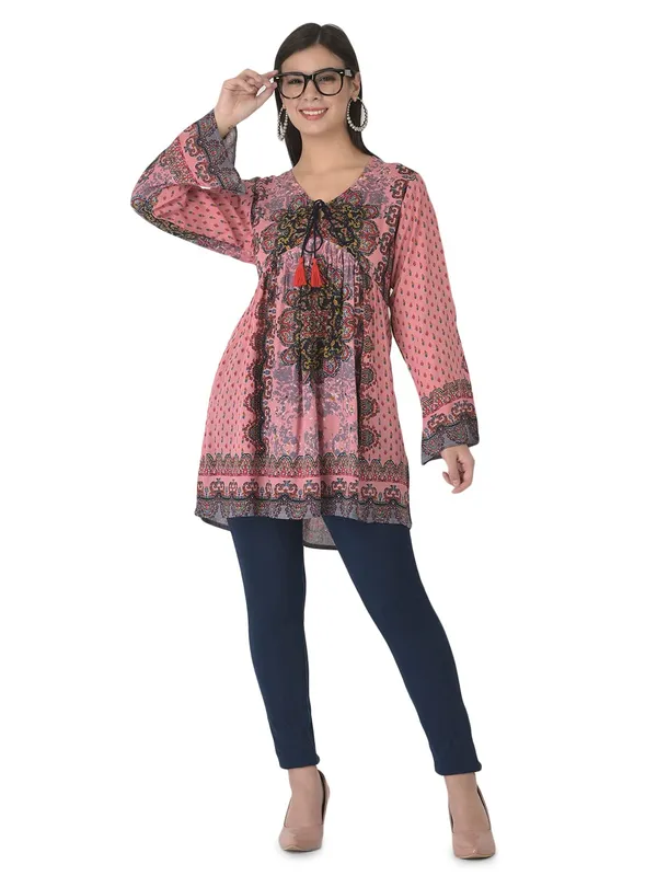 Pink_Floral_Embroidered_Multicolor_Long_Tunic_Fit_And_Flare_Casual_Stylish_Top_For_Women