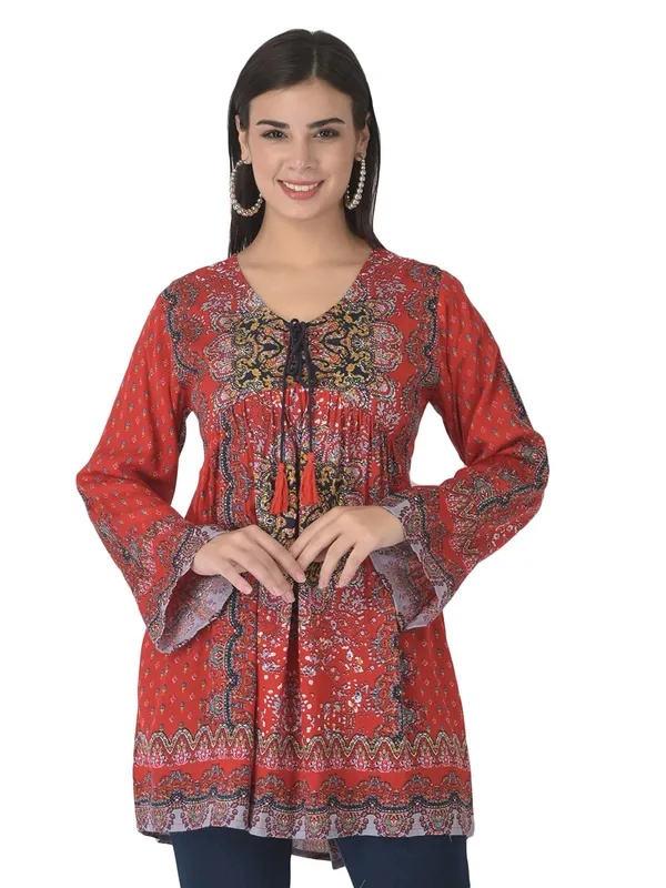 Red_Floral_Embroidered_Multicolor_Long_Tunic_Fit_And_Flare_Casual_Stylish_Top_For_Women
