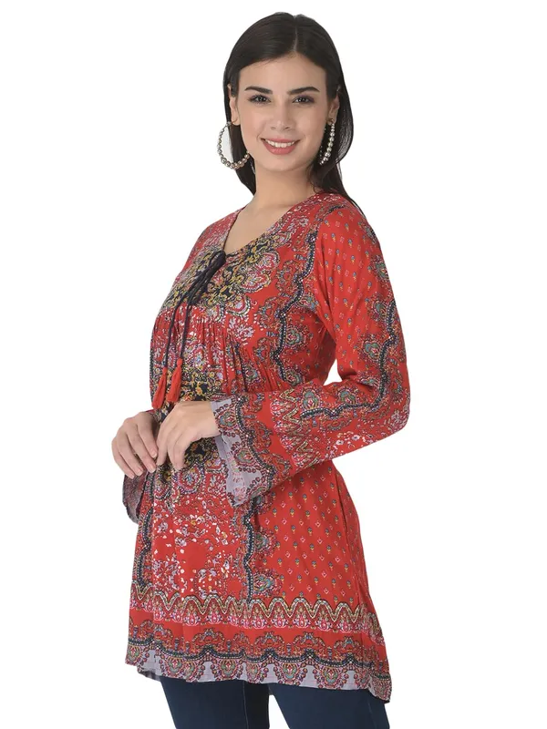 Red_Floral_Embroidered_Multicolor_Long_Tunic_Fit_And_Flare_Casual_Stylish_Top_For_Women