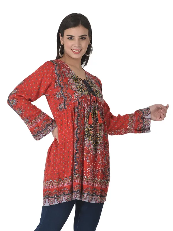 Red_Floral_Embroidered_Multicolor_Long_Tunic_Fit_And_Flare_Casual_Stylish_Top_For_Women