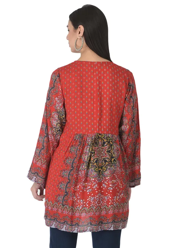 Red_Floral_Embroidered_Multicolor_Long_Tunic_Fit_And_Flare_Casual_Stylish_Top_For_Women