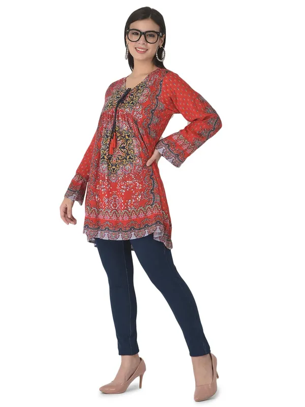 Red_Floral_Embroidered_Multicolor_Long_Tunic_Fit_And_Flare_Casual_Stylish_Top_For_Women