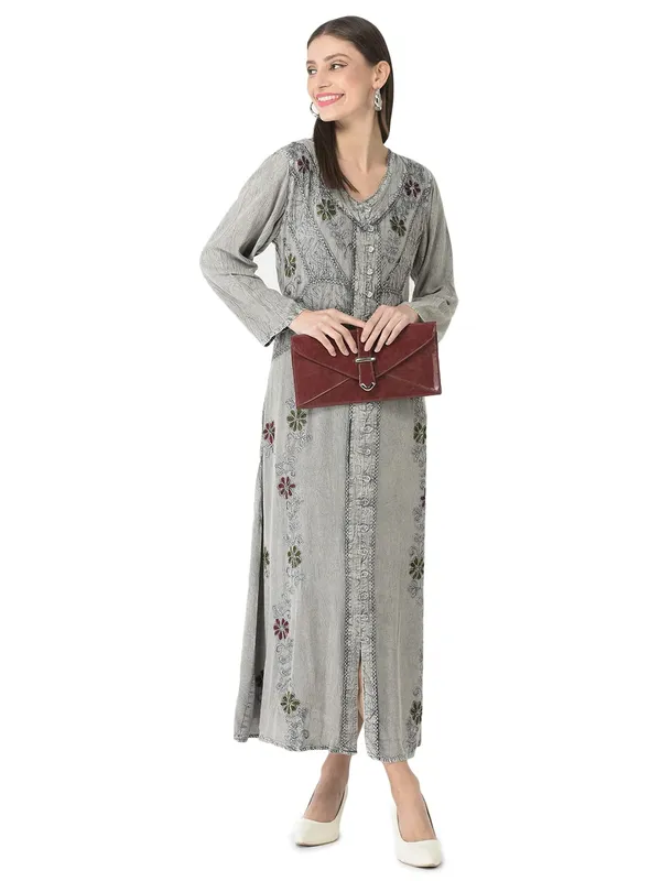 Grey Women Long Dress Floral Fit And Flare Summer Casual Regular Wear