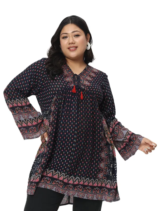 Plus_Size_Blue_Women_Top_Floral_Printed_Casual_Stylish_Longline_Beachwear