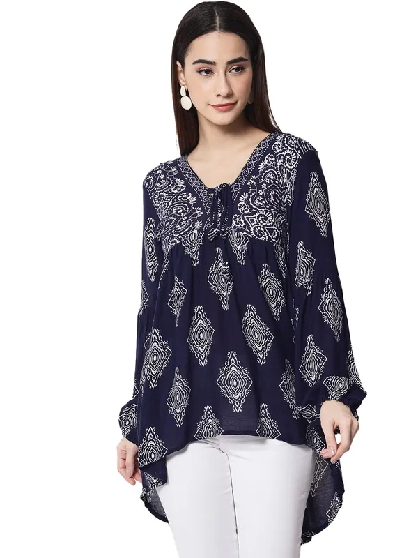 Blue_Floral_Embroidered_Blue_Long_Tunic_Fit_And_Flare_Casual_Stylish_Top_For_Women