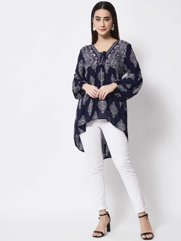 Blue_Floral_Embroidered_Blue_Long_Tunic_Fit_And_Flare_Casual_Stylish_Top_For_Women