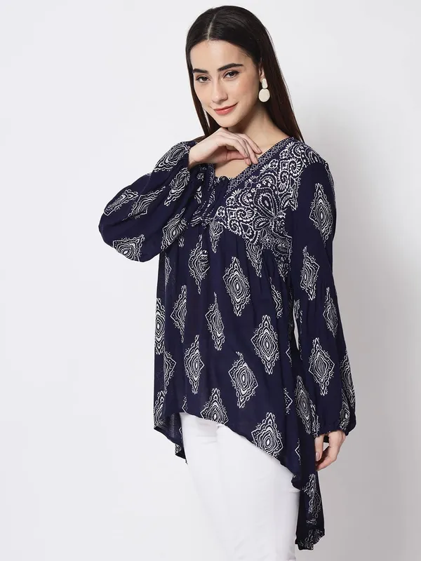 Blue_Floral_Embroidered_Blue_Long_Tunic_Fit_And_Flare_Casual_Stylish_Top_For_Women
