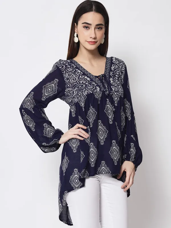 Blue_Floral_Embroidered_Blue_Long_Tunic_Fit_And_Flare_Casual_Stylish_Top_For_Women