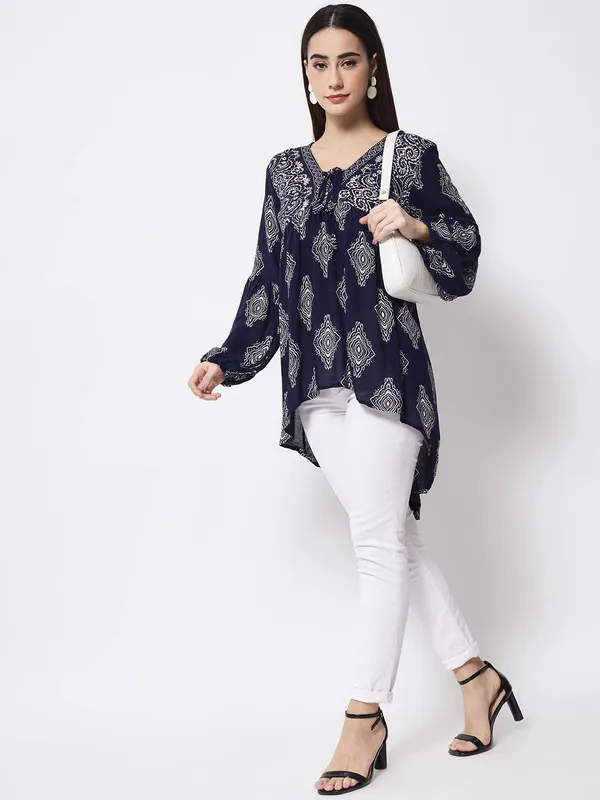 Blue_Floral_Embroidered_Blue_Long_Tunic_Fit_And_Flare_Casual_Stylish_Top_For_Women