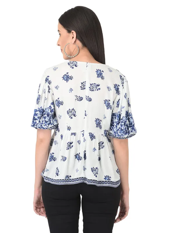Blue_&_White_Floral_Embroidered_Tunic_Fit_And_Flare_Casual_Stylish_Top_For_Women