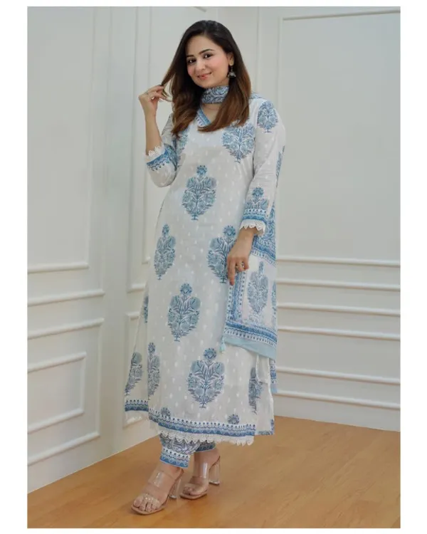 White_Cotton_Regular_Fit_Solid_Kurta_Pant_And_Dupatta_Set_For_Women
