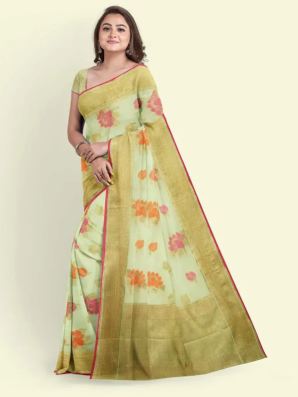 Green_Cotton_Blend_Banarasi_Sarees_For_Women