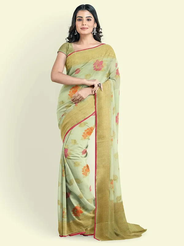 Green_Cotton_Blend_Banarasi_Sarees_For_Women
