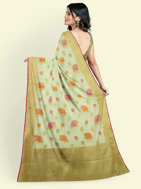 Green_Cotton_Blend_Banarasi_Sarees_For_Women