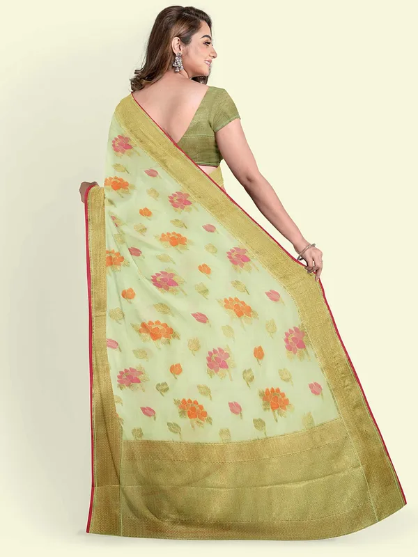Green_Cotton_Blend_Banarasi_Sarees_For_Women