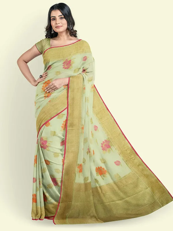Green_Cotton_Blend_Banarasi_Sarees_For_Women