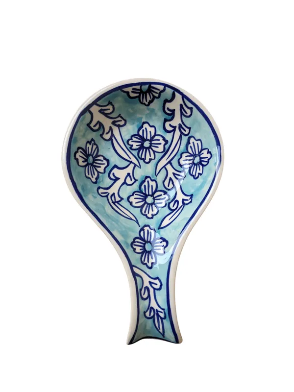 Hand-Painted_Floral_Ceramic_Spoon_Rest_-_Aqua_and_White,_Size:_22_x_13_cm,_Pack_of_1