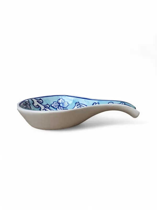 Hand-Painted_Floral_Ceramic_Spoon_Rest_-_Aqua_and_White,_Size:_22_x_13_cm,_Pack_of_1