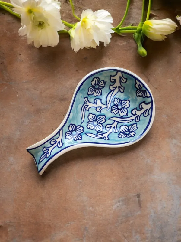 Hand-Painted_Floral_Ceramic_Spoon_Rest_-_Aqua_and_White,_Size:_22_x_13_cm,_Pack_of_1